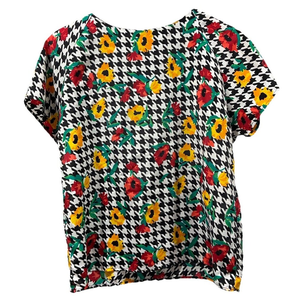 Impressions of California Floral Houndstooth Blouse Vintage Short Sleeve Top
